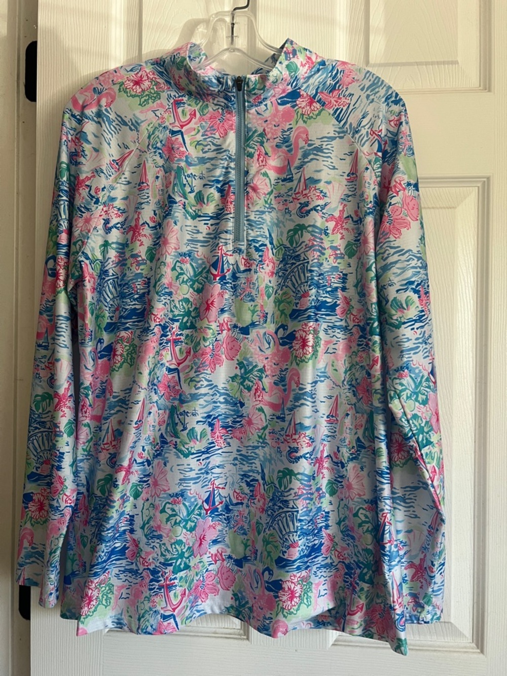 Tropical Print Half-Zip Pullover in Blue, Pink & Green